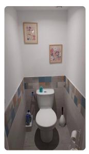 a bathroom with a toilet with two pictures on the wall at Maison des chateaux in Bléré