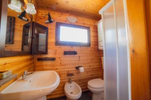 a bathroom with a sink and a toilet and a window at Campeggio Beaulard in Beaulard +13 photos