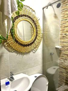 a bathroom with a mirror and a toilet and a sink at Sabana Africana in Puerto Triunfo