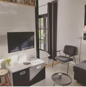 salon z telewizorem i krzesłem w obiekcie Tiny house Weerdinge w mieście Emmen