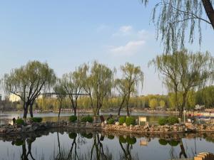 a pond in a park with people sitting on it at Private room on the 6th floor in Beijing