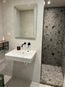 a bathroom with a white sink and a shower at Guesthouse Kriebeke in Tielt