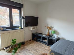 a living room with a blue couch and a flat screen tv at Apartman Novak in Samobor