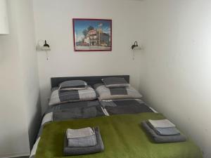 a bedroom with a bed with a green blanket at Tomi Apartman in Velence