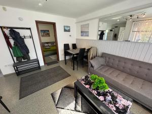 a living room with a couch and a table at Tomi Apartman in Velence