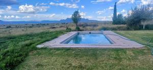 a swimming pool in the middle of a field at Karri Grove Cottages in Graaff-Reinet