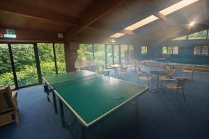 a room with a ping pong table and chairs at Neaum Crag Lodge ideal for a couple or family with young children in a woodland setting at Skelwith Bridge in Grasmere