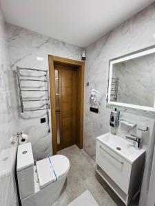 a bathroom with a toilet and a sink and a mirror at Old Friend Guest House in Berehove +32 photos