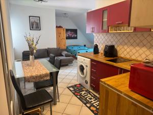 a kitchen and living room with a table and a couch at Elíxir Apartman Hajdúszoboszló in Hajdúszoboszló