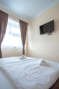 a bedroom with a white bed with a flat screen tv at Mattes Restaurant & Pension in Držovice