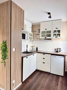a kitchen with white cabinets and white appliances at Pearly EuroPoint in Saint-Louis
