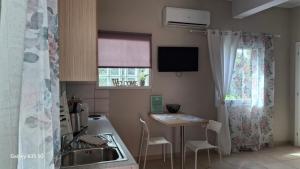 a kitchen with a sink and a table with chairs at Trousas Apartments in Roda