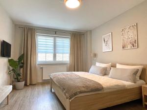 a bedroom with a large bed and a window at Spreewaldapartments-Kossatz in Lübben