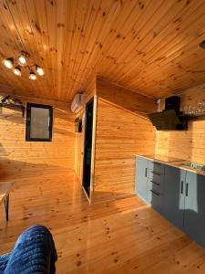 a room with a wooden ceiling and a kitchen at Hill House Merisi in Merisi