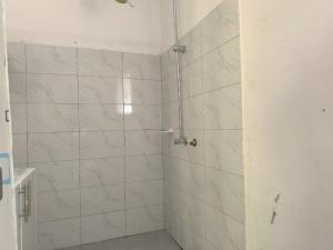 a bathroom with a shower with white marble tiles at Mizpah House in Kikuyu