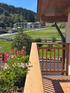 a wooden railing on a porch with flowers at Bilocale baciato dal sole in Andalo