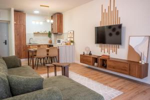 a living room with a couch and a tv at Forestline Apartment Sinaia in Sinaia