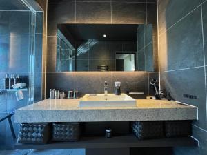 a bathroom with a sink and a mirror at Fuji Yamanakako Villa in Yamanakako +26 photos