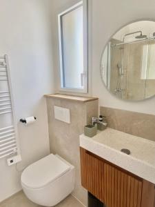 a bathroom with a toilet and a sink and a mirror at L'échappée in Viols-le-Fort