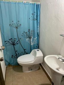a bathroom with a toilet and a blue shower curtain at Hotel Casa Pueblo in Ocú +4 photos