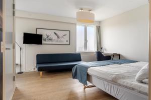 ein Schlafzimmer mit Bett, Stuhl und Fernseher in der Unterkunft Hotel Fuglsocentret, BW Signature Collection in Knebel + 38 Fotos