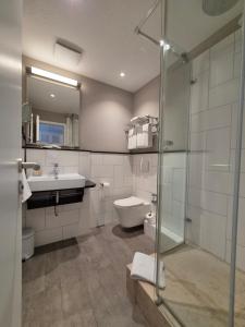 a bathroom with a shower and a sink and a toilet at Jugendstilhotel Trifels in Annweiler am Trifels +30 photos