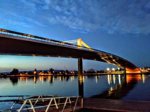 a bridge over a river with a train on it at Apartament Deportiva in Deltebre +3 photos