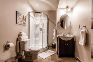 a bathroom with a shower and a toilet and a sink at Chalet Le Mont-Blanc in Saint-Faustin +55 photos
