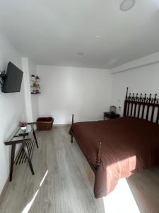 a bedroom with a bed and a table and a tv at Encanto do Rio in Bragança