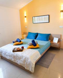 a bedroom with a large bed with blue pillows at R&G Serenity Apartment in Ližnjan +28 photos
