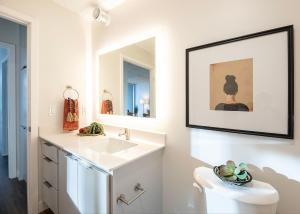 a white bathroom with a sink and a mirror at The Lakeview Guesthouse in Duluth +19 photos