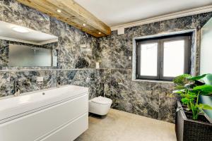 a bathroom with a sink and a toilet and a mirror at Das Bergnest Maishofen in Maishofen
