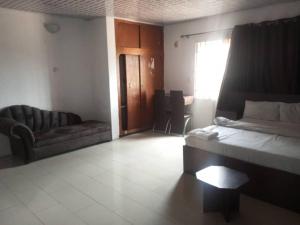 a living room with a bed and a couch at Lifeconcep apartment and lodge in Ibadan