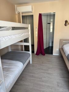 a bedroom with two bunk beds and a walk in shower at Chambre Double et Lits Superposés in Toul