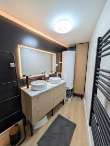 a bathroom with two sinks and a large mirror at Appartement rénové avec parking quartier historique in Bordeaux +28 photos