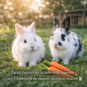 two white rabbits and a carrot in the grass at Pensiunea Liniștea Pădurii in Valea Lupului