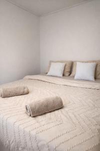 a large bed with two pillows on top of it at Juralodgespa Chalet Emma in Courrendlin