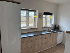 a kitchen with a sink and two windows at Mosborg Gæstehus in Ulfborg
