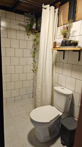 a bathroom with a toilet and a shower curtain at RESERVA BOWARA - Ecolodge in Pamplonita