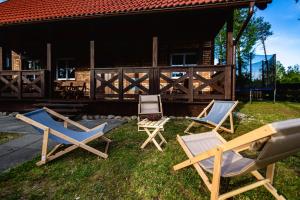 a group of chairs sitting on the grass in front of a cabin at Ceglana Przystań na Kaszubach in Załakowo