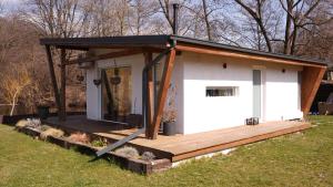 ein winziges Haus mit Terrasse auf einem Feld in der Unterkunft The Weeping Willow Retreat - Luca in Valea Cheii