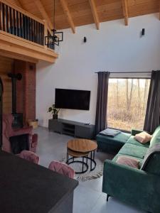 ein Wohnzimmer mit einer grünen Couch und einem Flachbildfernseher in der Unterkunft Bez Planu in Zambski Stare