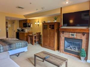 a living room with a bed and a fireplace at Slope side cozy Studio in Vernon Township