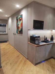 a kitchen with a painting of a woman on the wall at Centro Residence in Kluczbork