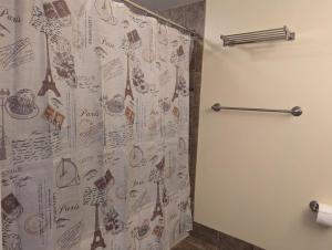 a shower curtain in a bathroom with a shower curtain at Rustic classic spacious Studio in Vernon Township