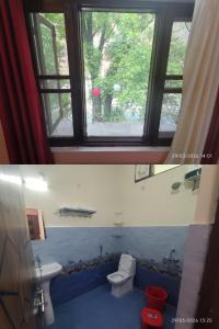 a bathroom with a toilet and a window at The Ghunadi Greens in Bāgeshwar
