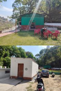 two pictures of a building with red chairs and a motorcycle at The Ghunadi Greens in Bāgeshwar