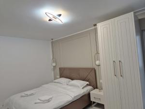 a bedroom with a bed with a light on the ceiling at Edward Luxury Studio in Slănic-Moldova