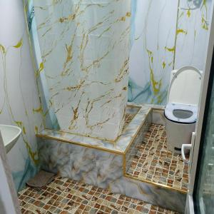 a bathroom with a shower with a toilet and a sink at Bro Hostel Angor in Termiz