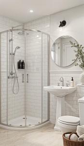 a bathroom with a shower and a sink at The Highfield - Self Check-in Hotel in Keswick